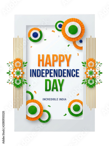 Decorative Paper Cutout Frame with Indian Independence Day Greeting and Tricolor Floral Elements