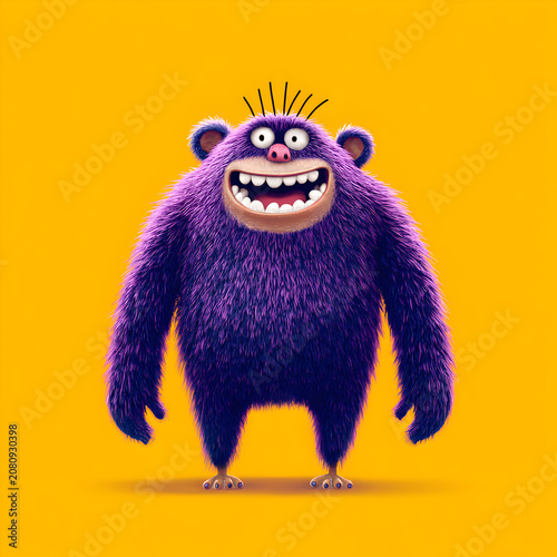 3D funny purple furry monster smiling on a yellow background