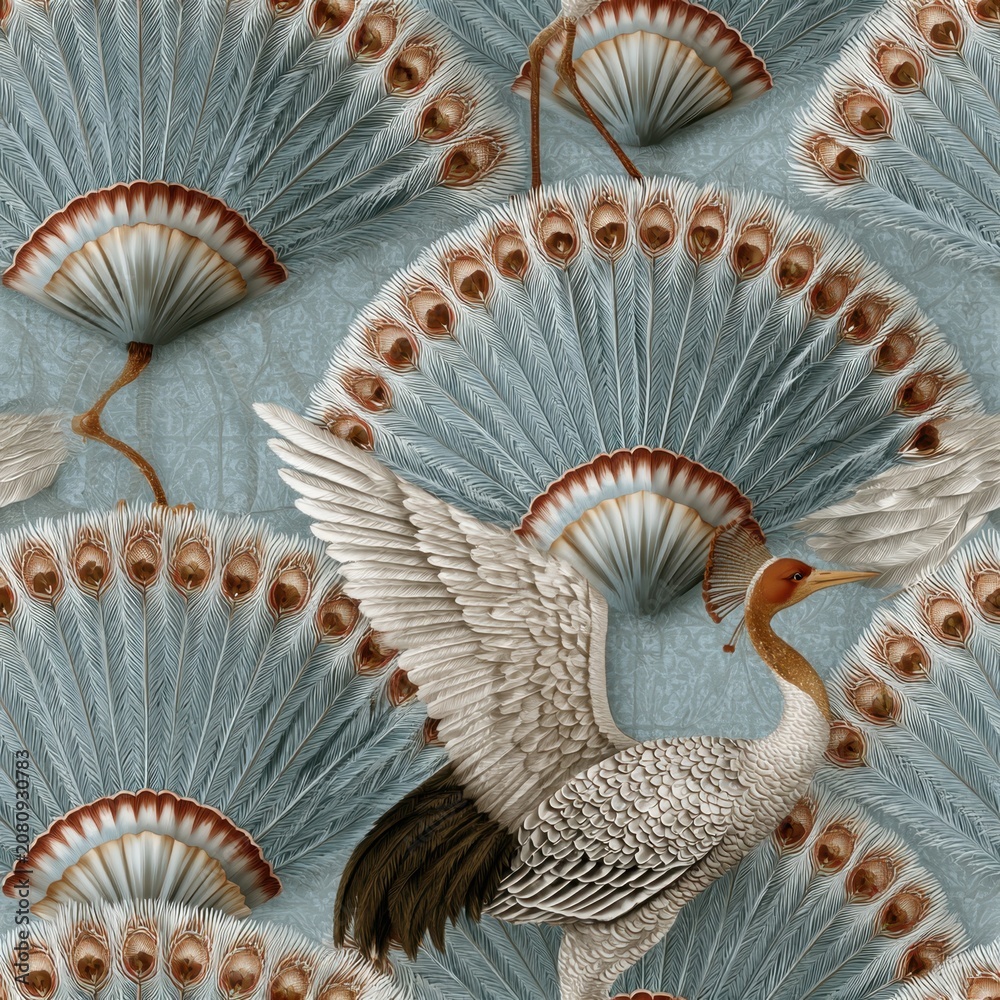 Fototapeta premium Elegant Feathered Crane and Peacock Plumage Seamless Pattern Design
