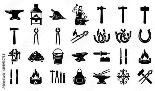 Tableau sur toile Comprehensive Blacksmith Workshop and Metal Forging Silhouette Icon Mega Set Pac