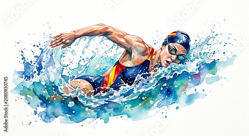 Watercolor painting of a female swimmer freestyle stroke in splashing water