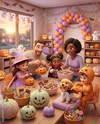 Happy family with children and a puppy in costumes celebrating Halloween indoors