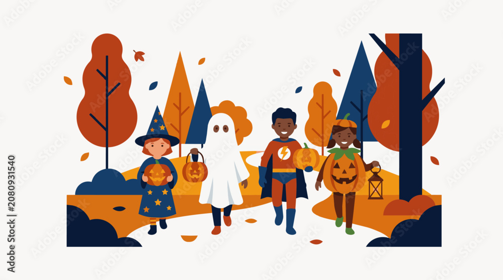 Fototapeta premium Flat vector illustration of diverse children walking in autumn woods for Halloween trick or treating