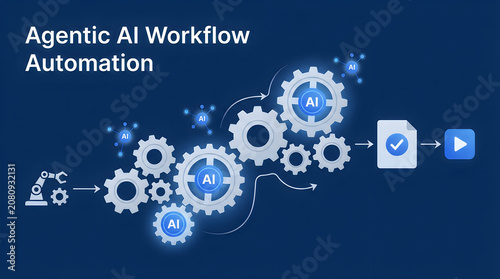 Agentic ai workflow automation concept with interconnected gears and robotic arm processing documents.