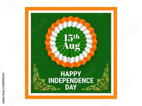 Celebrating Independence Day with a Saffron White and Green Paper Rosette Badge on Green Background