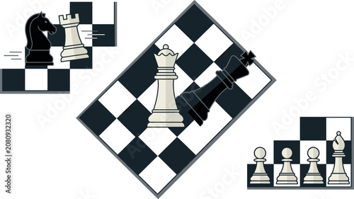 Photos Chess game vector illustration elements featuring checkmate scene with queen defeating king knight rook bishop and pawns on checkered boards