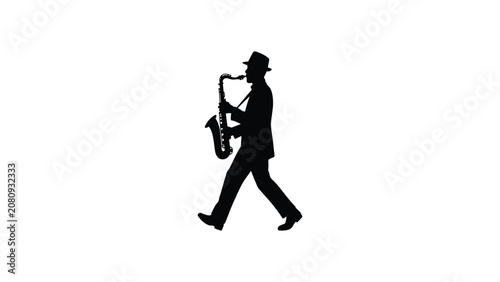 Canvas Print black silhouette of person walking while playing saxophone, wearing hat, minimal