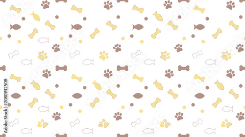 Seamless pattern featuring bones, fish, and paw prints for cute pet themed textile design