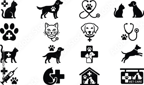 Comprehensive collection of veterinary icons for pet clinics and animal medical healthcare care.