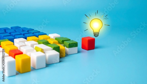 Grid of Multi-Colored Cubes Separated from a Single Glowing Light Bulb Block on Blue Background