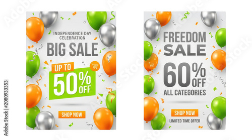 Big Sale and Freedom Sale Promotional Banners with Colorful Balloons and Confetti Background Style