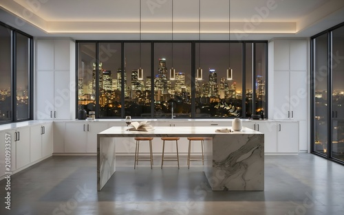 Aesthetic Contemporary Kitchen Design with Floor-to-Ceiling Windows and Elegant Pendant Lights at Night