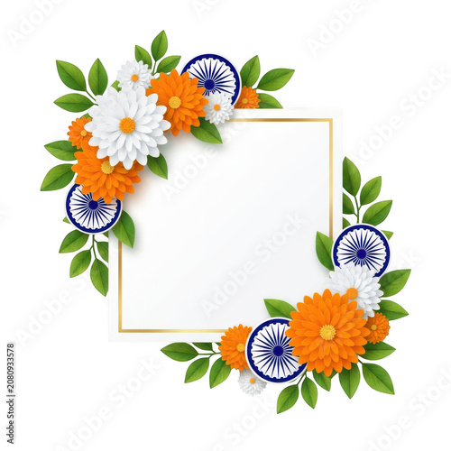 Decorative Square Frame with Orange and White Flowers and Indian Chakra Wheels on Transparent Background