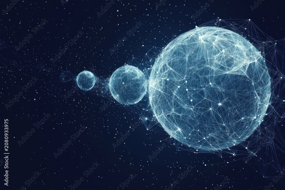 Fototapeta premium Abstract network spheres depicted in space with a dark blue background