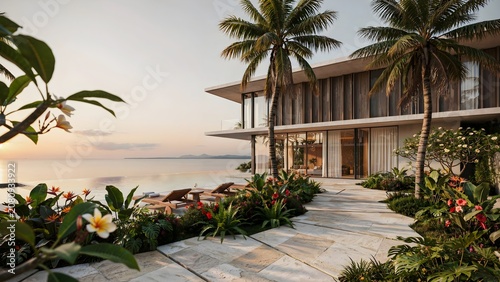 Stunning Contemporary Architectural Estate Featuring Exotic Plants, Stone Walkway, and Calm Ocean Horizon