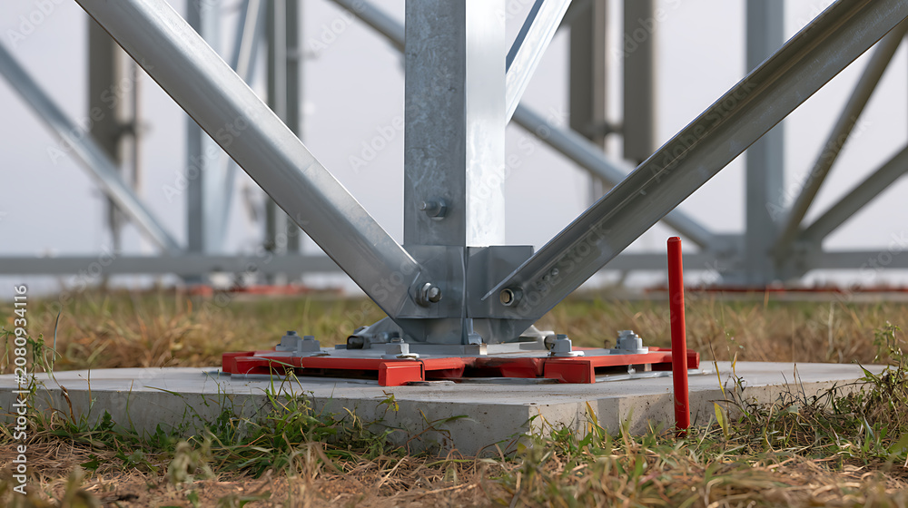 Fototapeta premium Sturdy Metal Structure Base: Close-up of a Galvanized Steel Support and Concrete Foundation in an Outdoor Environment