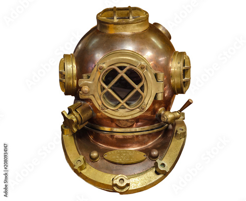 Antique brass diving helmet reproduction with copper dome, viewport window, and vintage nautical maritime equipment