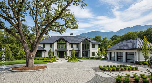 Luxury modern white house with large oak tree and circular stone driveway
