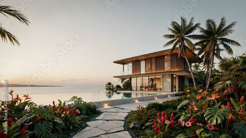 Modern Oceanside Resort House with Floor-to-Ceiling Windows, Palm Trees, and Scenic Sea View