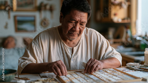 Filipino caregiver husband in his fifties preparing medication trays at a home kitchen counter while his chronically ill wife rests visible in the background, the domestic labor