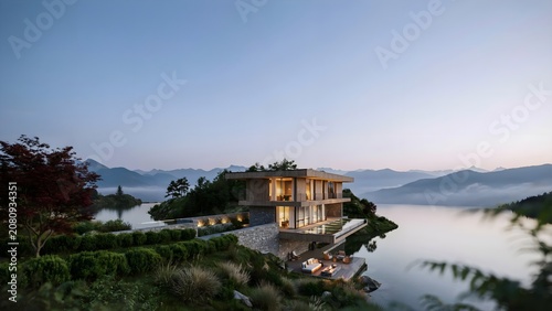 Beautiful Waterfront Eco-Home with Floor-to-Ceiling Windows, Wood Panels, and an Outdoor Fire Pit