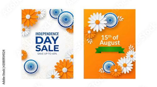 Independence Day sale banners with paper flowers and chakra wheels in orange and white festive style