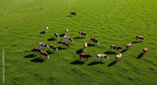 Group of cows grazing on a vast green pasture in a sunny rural landscape