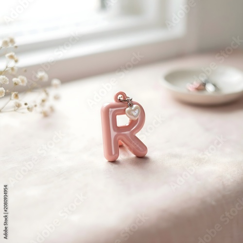 Cute Pink 3D Letter R Keychain Pendant with a Small Heart Charm on a Pastel Tabletop