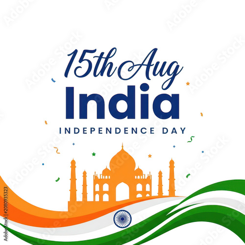 Celebrating India Independence Day with Taj Mahal silhouette and tricolor wave graphic design