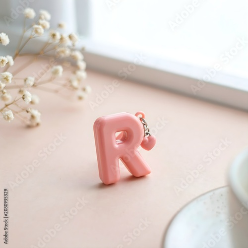 Lovely Pastel Pink Plastic Capital Letter R Monogram Keychain on a Bright Soft Surface