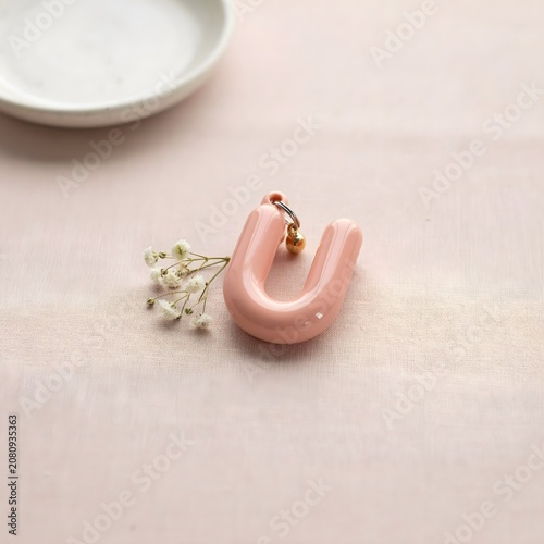 Cute Pink 3D Letter U Keychain Charm with Small Gold Bell on a Pastel Pink Desk Surface