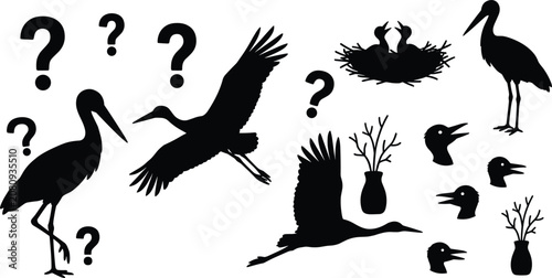 Canvas Print Stork silhouette element set featuring wild birds flying standing nesting with question marks and twigs vector graphic illustration