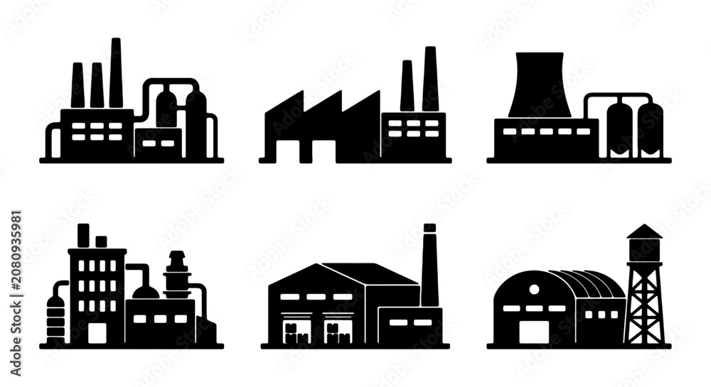 Obraz premium Industrial Factory Icons Set, Manufacturing Plant Silhouettes, Production Facility Vector Graphics