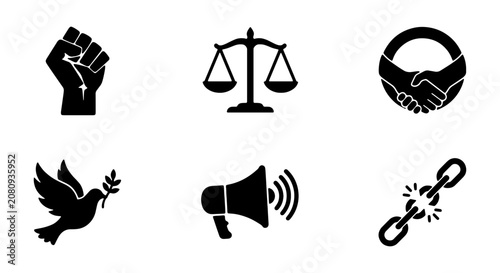 Justice, Peace, Equality Icons: Fist, Scales, Handshake, Dove, Megaphone, Broken Chain
