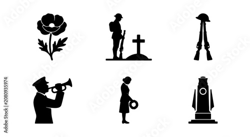 Fotografie Remembrance Day Icons: Poppy, Soldier, Bugler, Cenotaph, Wreath, Vector Set