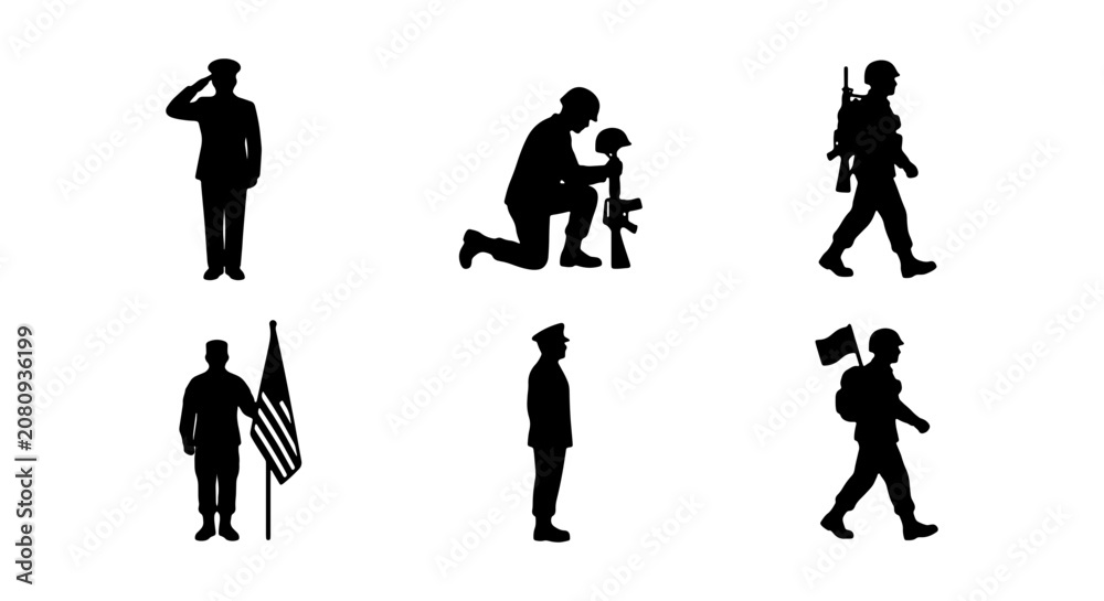 Obraz premium Military Soldier Silhouettes, Patriotic Service Icons, Veteran Remembrance Graphics, Armed Forces Vector Set
