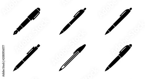 Obraz na plátně Set of 6 Black Pen Icons, Writing Instruments Vector Collection, Office Supplies