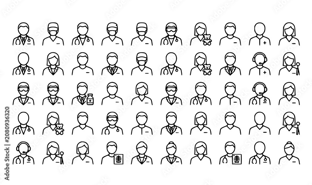 Obraz premium Healthcare workers line icons set medical professionals and doctor outline avatars vector