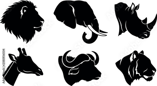 Photography African Big Five and Safari Animals Head Silhouette Set with Lion Elephant Rhino