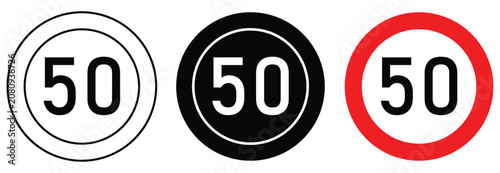 Obraz na płótnie Three circular speed limit fifty vector icons presented in different color style
