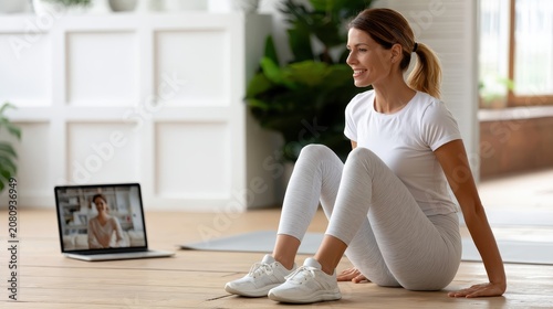Woman exercising at home while following an online fitness class, healthy lifestyle and remote training concept.