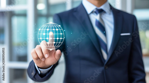 Businessman touching glowing digital globe symbolizing global network connection and technology