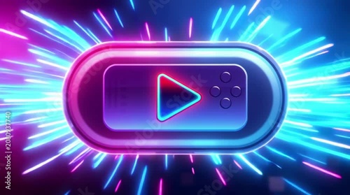 Neon Play Button on Abstract Colorful Background with Vibrant Lights and Shapes for Music or Video Content Theme