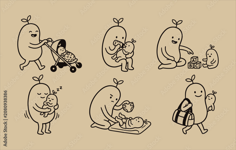 Fototapeta premium Parenting outline illustration featuring a bean character playing with alphabet blocks and holding a sleeping baby