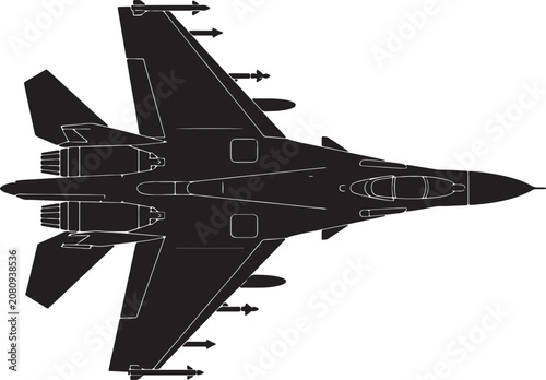 Cuadro en lienzo Black and white fighter jet silhouette with directional arrows, traced outline a