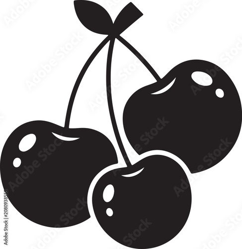 Billede på lærred Black and white minimalist cherry with stem and leaf, flat also transparent back