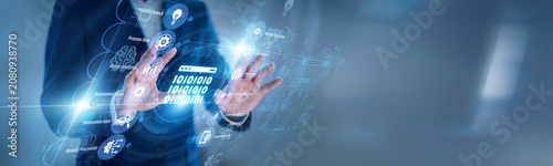 Canvastavla Digital officer touching virtual screen with paper scan icons for Digitization, converting records, forms, workflows, archives, and services into faster online systems for business use