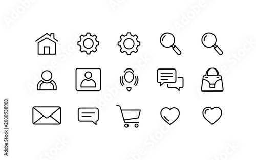 Minimalist line icons set, 13 ecommerce and social media symbols, black outlines on white background
