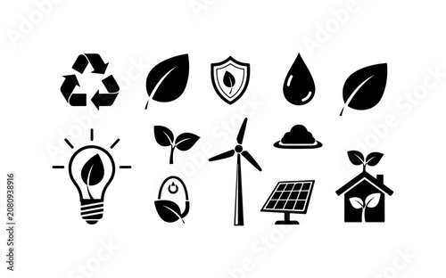 Eco friendly icons, sustainable symbols, green energy signs, environmental logos, black vector graphics