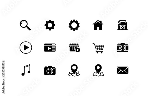 Black icons set, web navigation symbols, business and media elements, 16 vector graphics